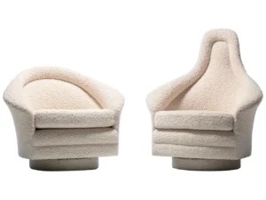 Pair of Adrian Pearsall Mom and Pop Swivel Lounge Chairs and Ottoman in Ivory Boucle